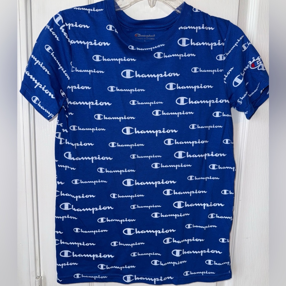 Champion All Over Logo Graphic Tee Blue White Youth Size L